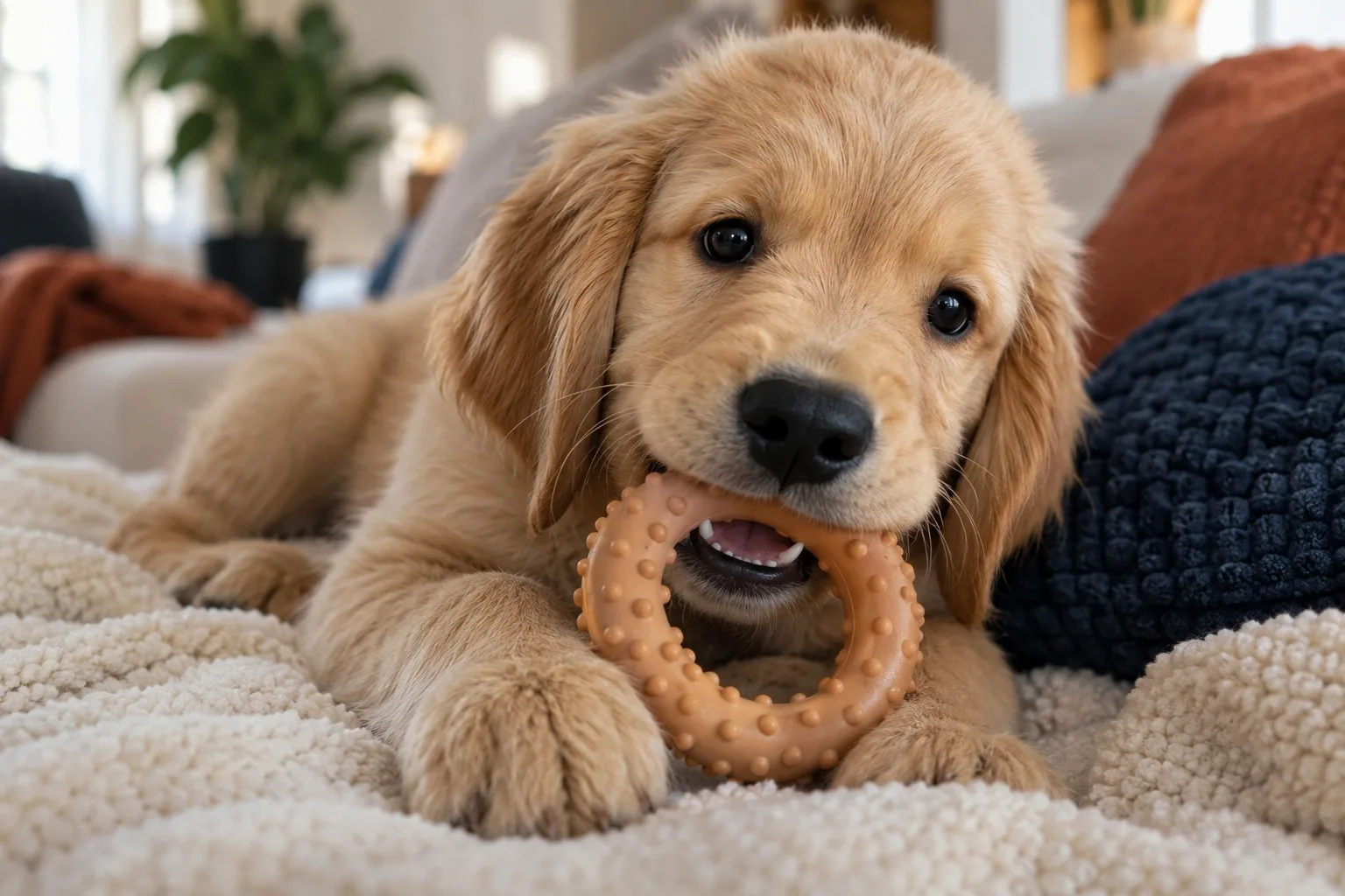 A Golden Retriever puppy lies on a cream blanket holding a terracotta rubber teething ring in its mouth, small sharp teeth visible