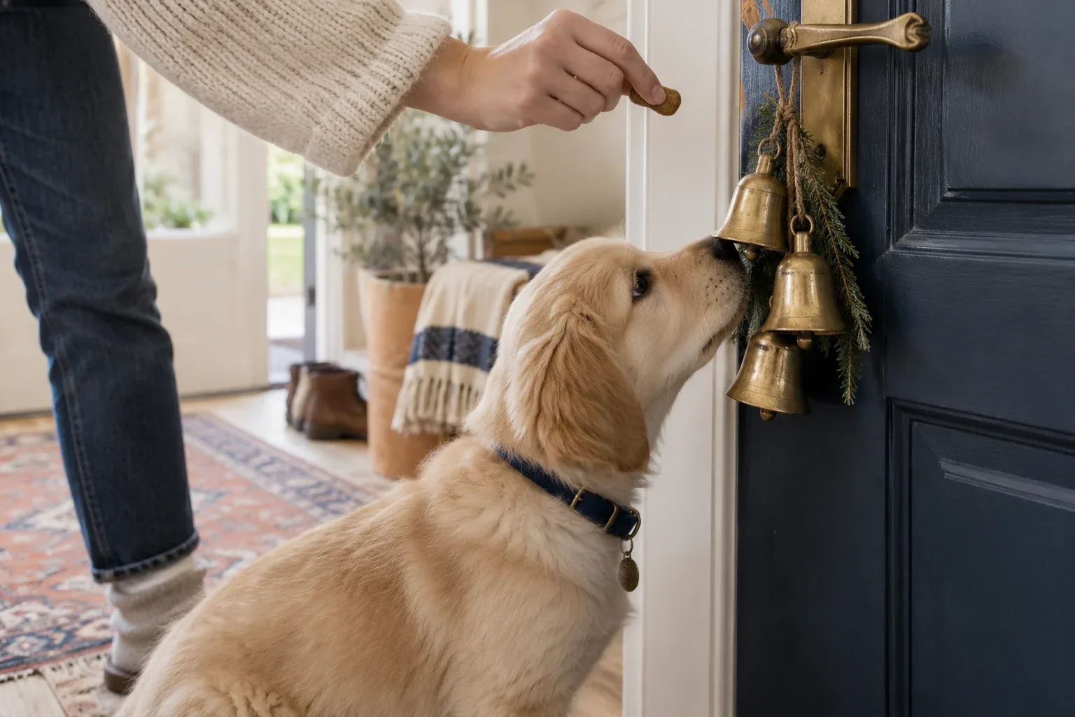 A hand holds a small treat just above brass bells hanging from a door handle while a puppy noses the bells