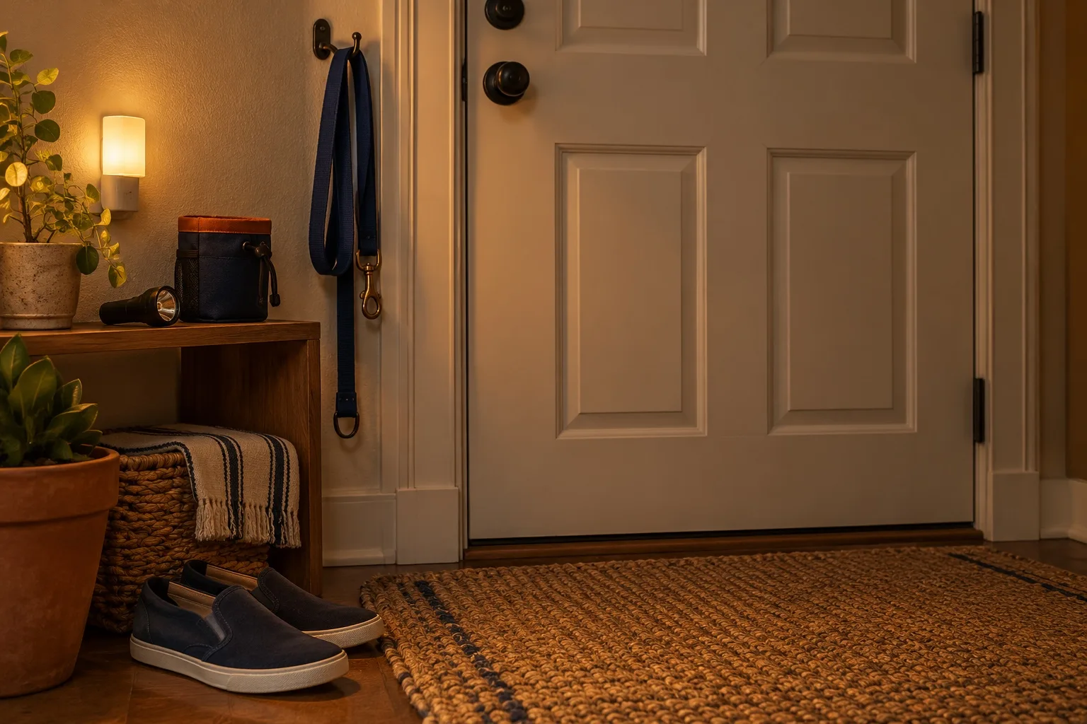 A navy leash on a hook, slip-on shoes, a flashlight and a treat pouch by a back door lit by a night light
