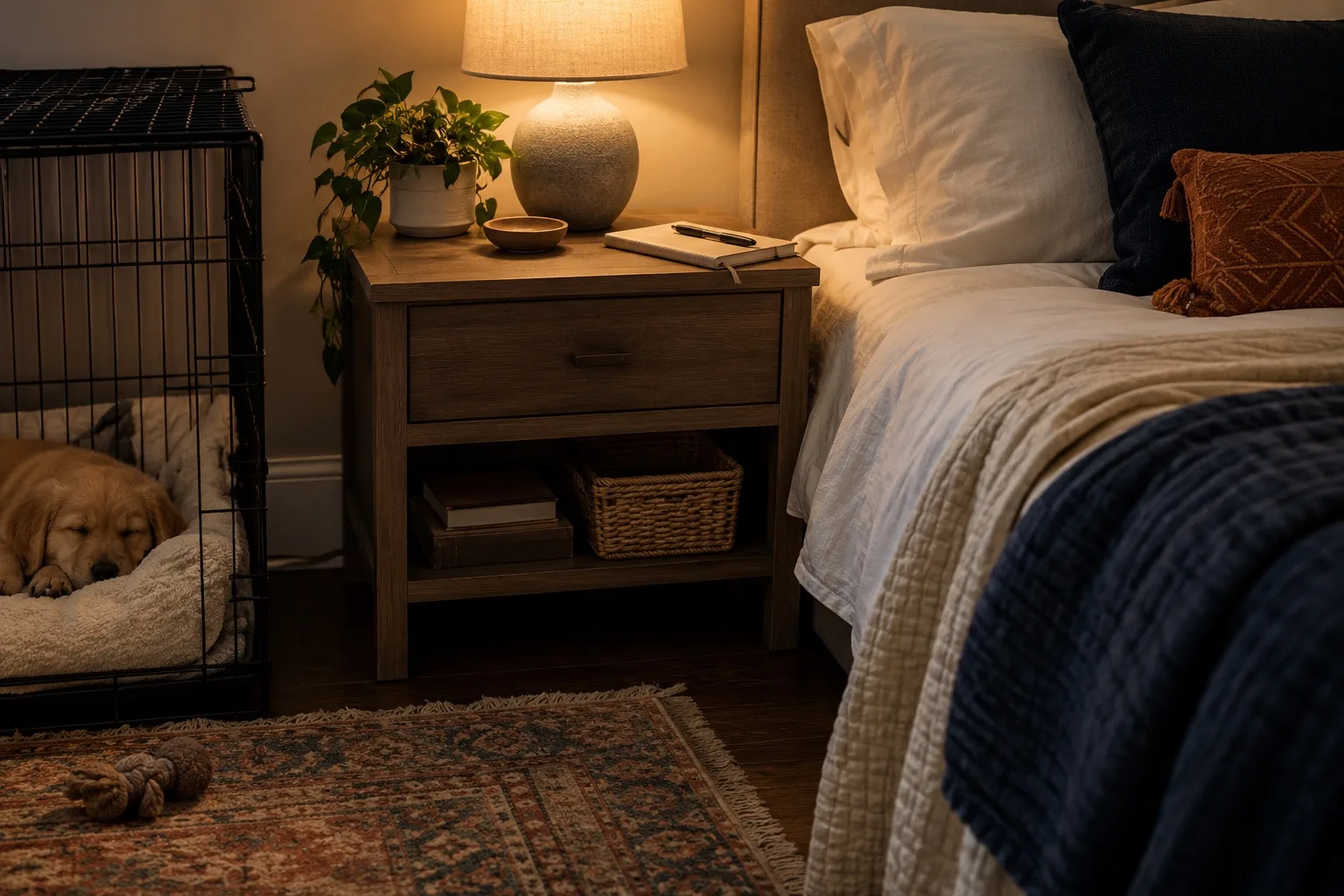 A nightstand with a notebook, pen and lamp beside a bed, a golden puppy asleep in a crate next to it