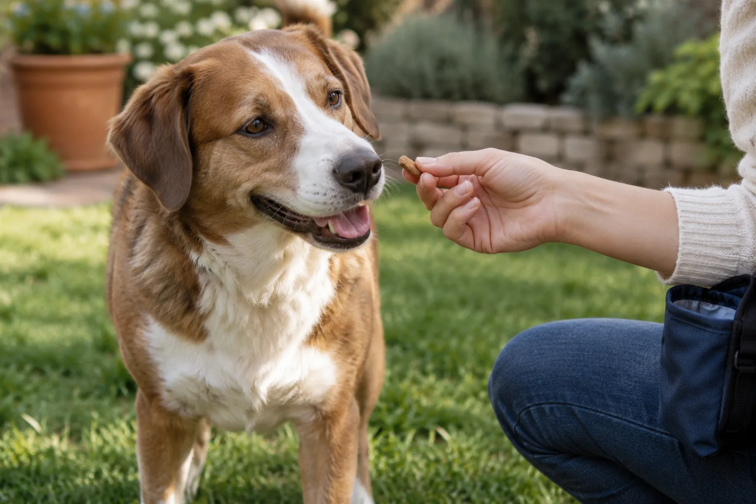 A person crouching on a lawn and holding out a small treat to a happy brown and white dog, a navy treat pouch at their hip