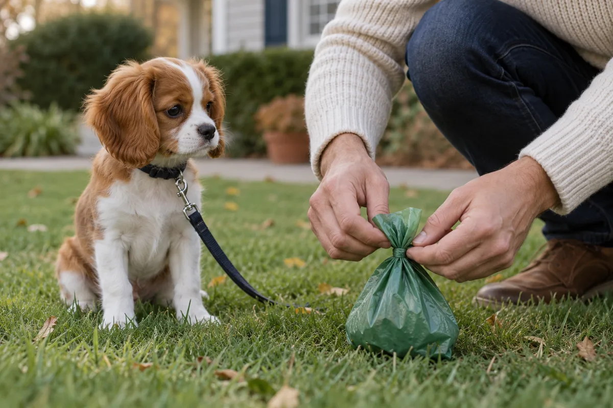 A person crouching on the grass ties a green waste bag while a Cavalier King Charles puppy on a leash sits beside them