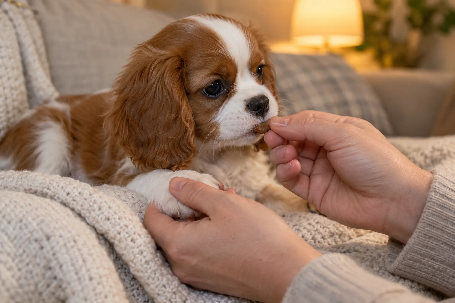 A person gently holding the paw of a Cavalier King Charles spaniel puppy on a cream blanket while offering a treat