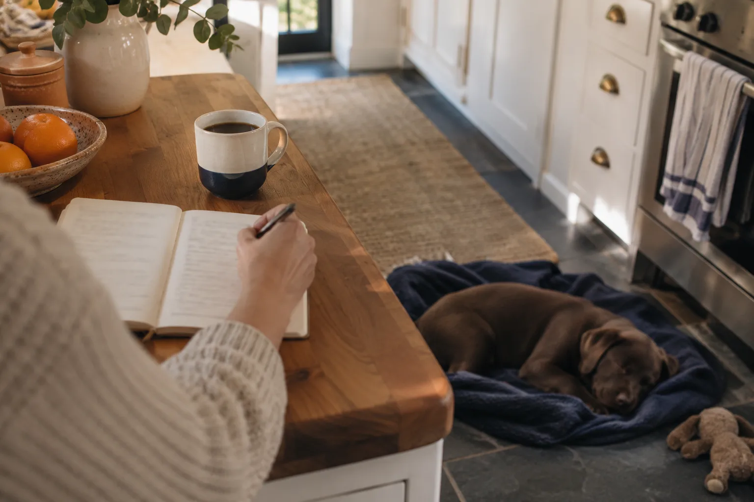 A person in a knit sweater writes in a notebook at a wooden kitchen counter beside a coffee mug while a chocolate Labrador puppy sleeps on a navy blanket on the floor