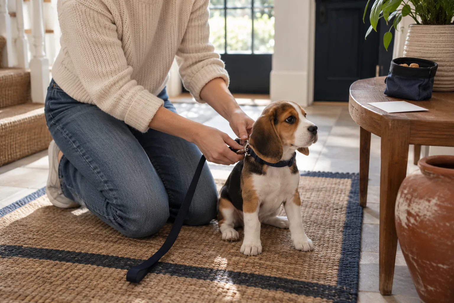 A person kneeling in a front hallway clips a navy leash onto a sitting tricolor beagle puppy's collar, with a treat pouch and a note on the side table