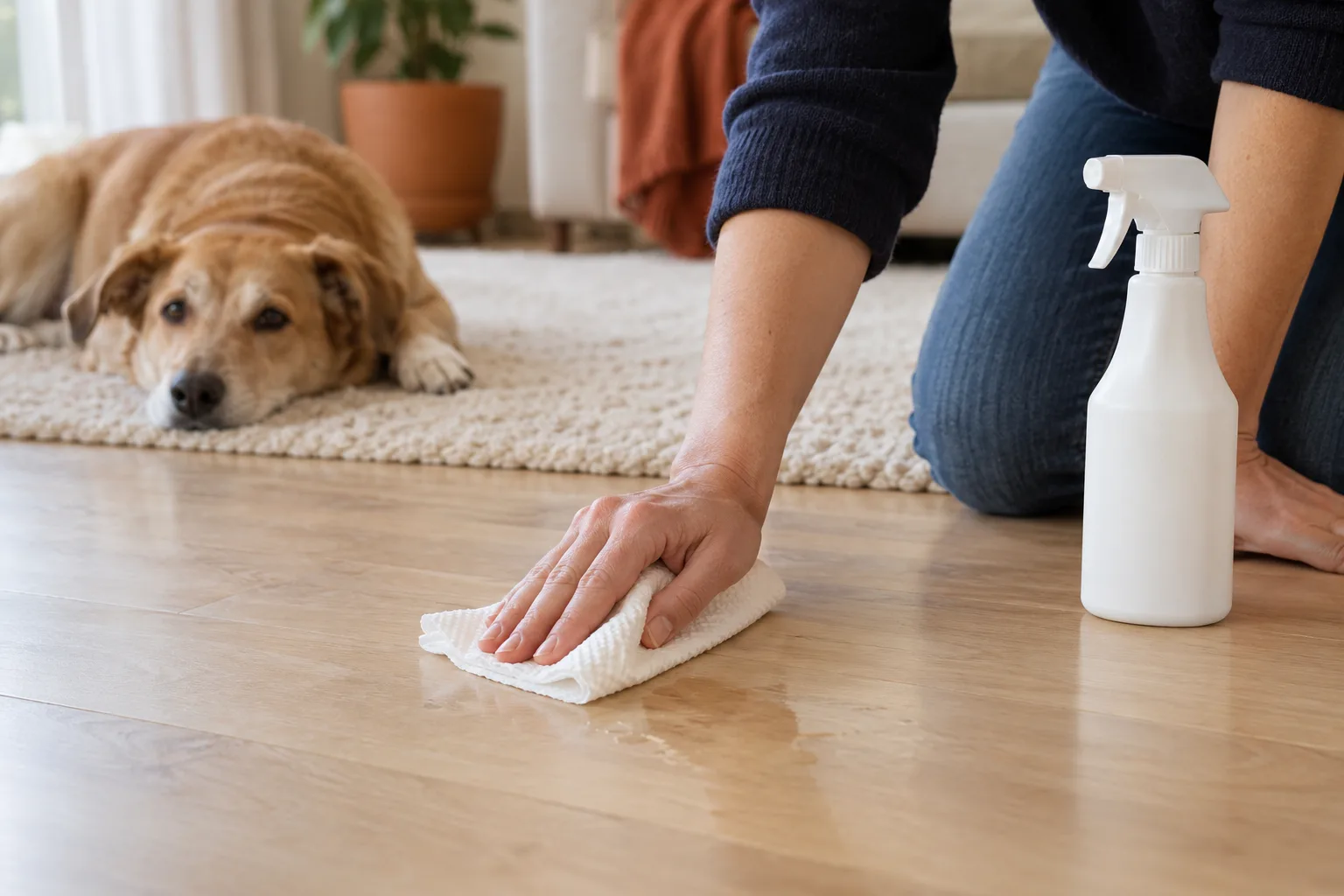 A person kneeling on a wooden floor wiping a small wet spot with a white cloth next to a plain spray bottle while a tan dog rests on a rug behind