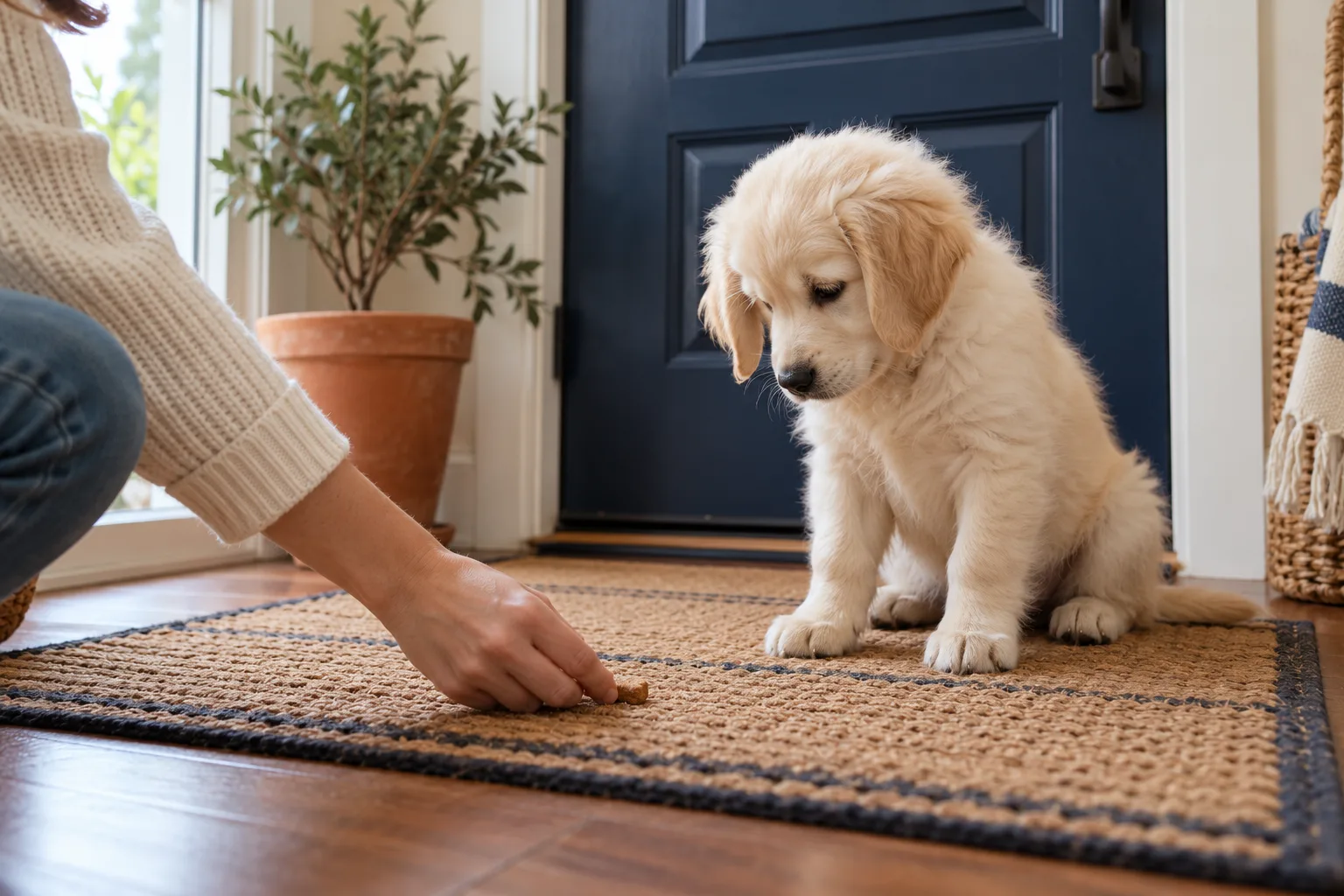 A person placing a small treat on a doormat in front of a fluffy cream puppy sitting quietly by a navy front door