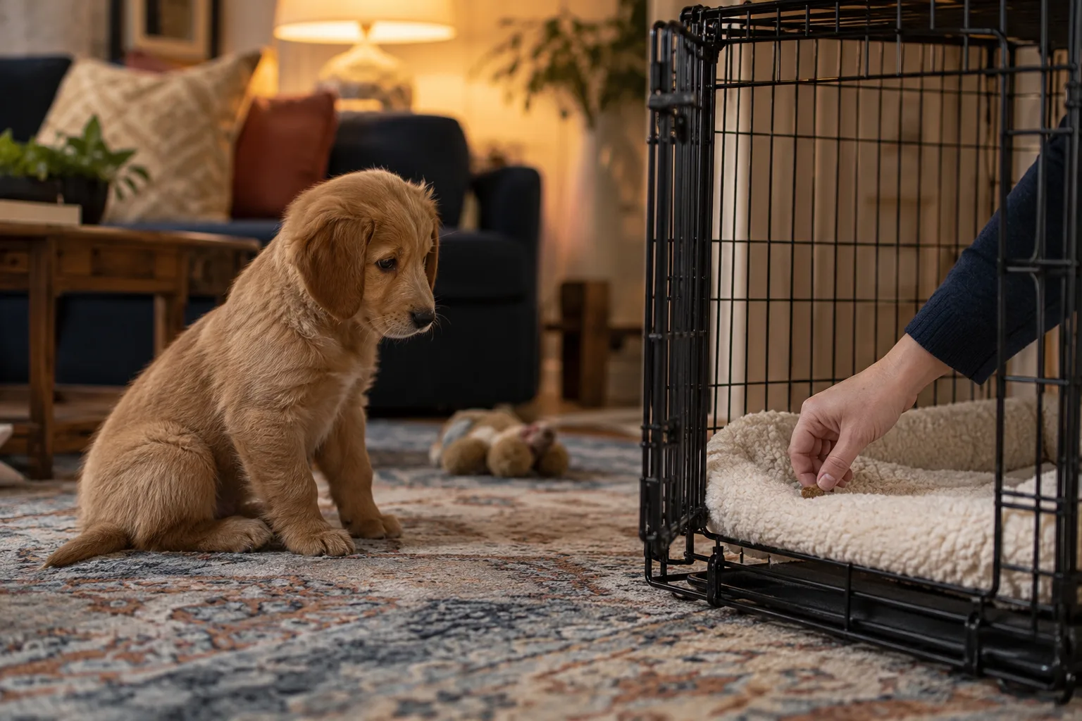 A person's hand placing a small treat on a fleece bed inside an open wire crate while a golden puppy watches from the rug