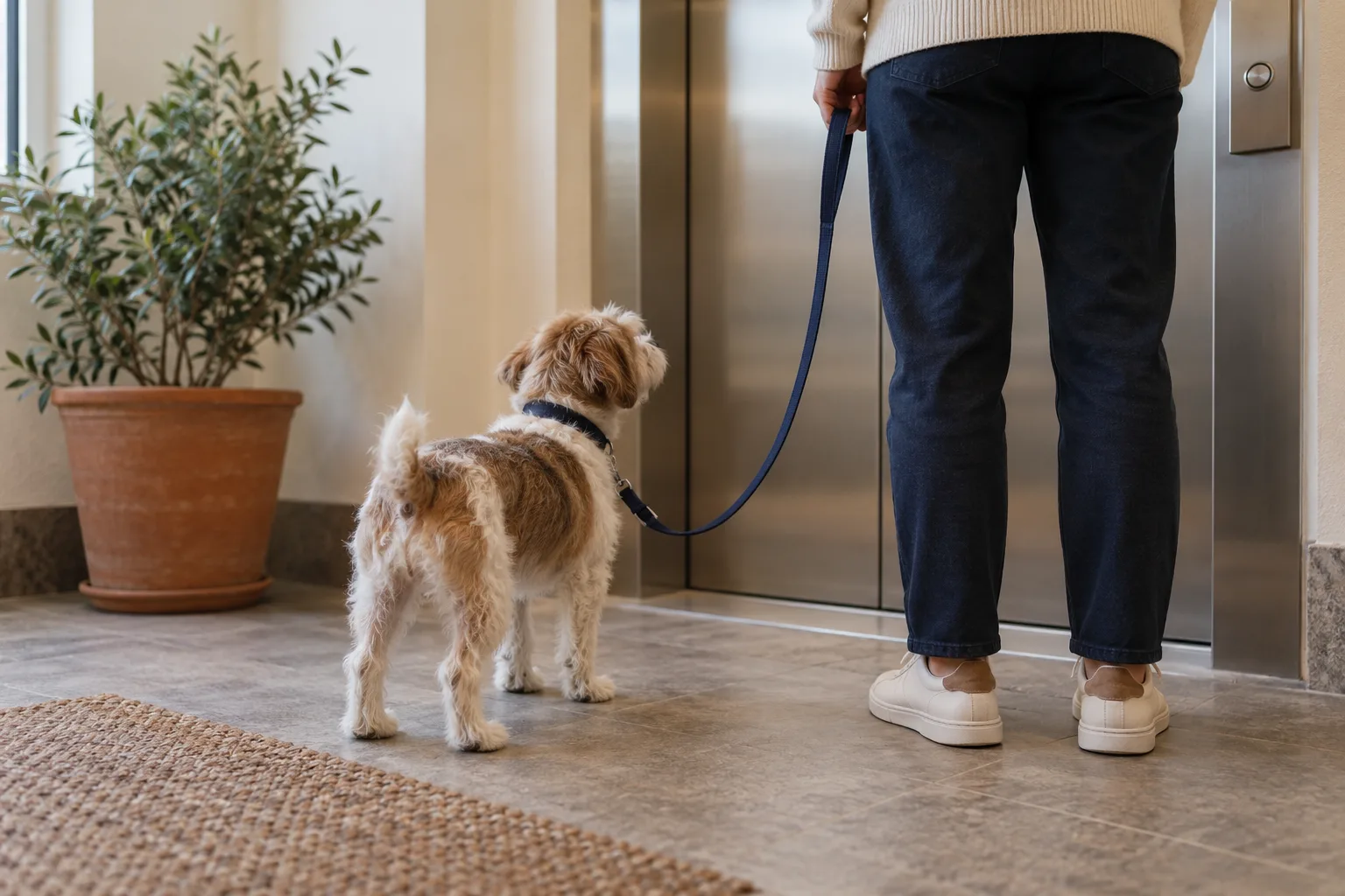 A scruffy puppy on a navy leash stands beside an adult waiting at an apartment elevator door