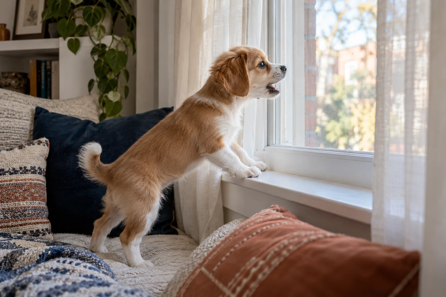 A tan and white puppy standing with front paws on a windowsill, barking at the street outside through sheer curtains