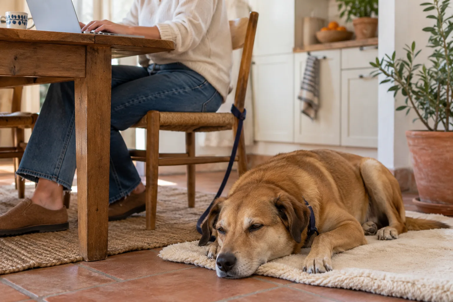 A tan dog lying on a cream mat under a kitchen table, its navy leash tied to the chair of a person working on a laptop