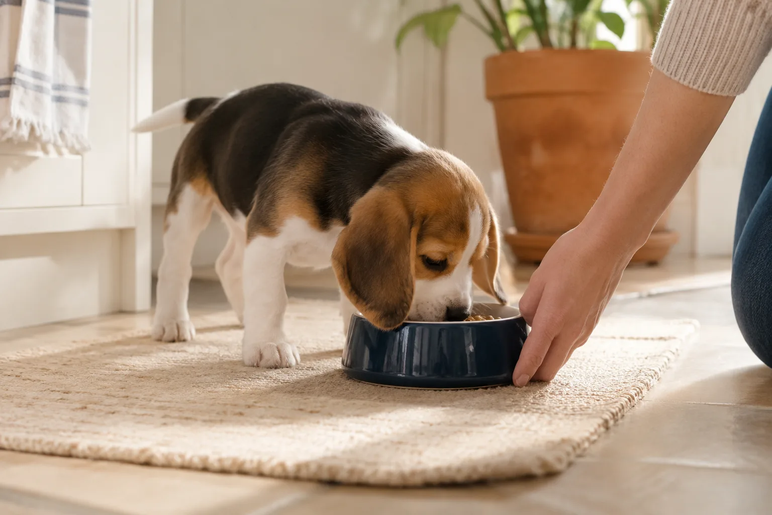 A tricolor beagle puppy eats kibble from a navy ceramic bowl that a person's hand is setting down on a cream kitchen mat