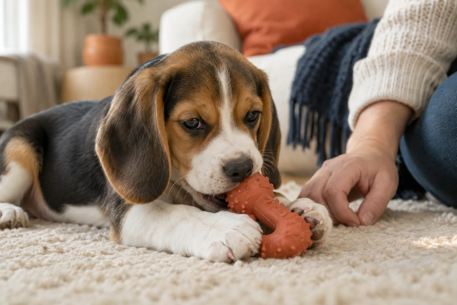 A tricolor beagle puppy lies on a cream rug gnawing a terracotta rubber teething toy held between its paws, a person's hand resting nearby