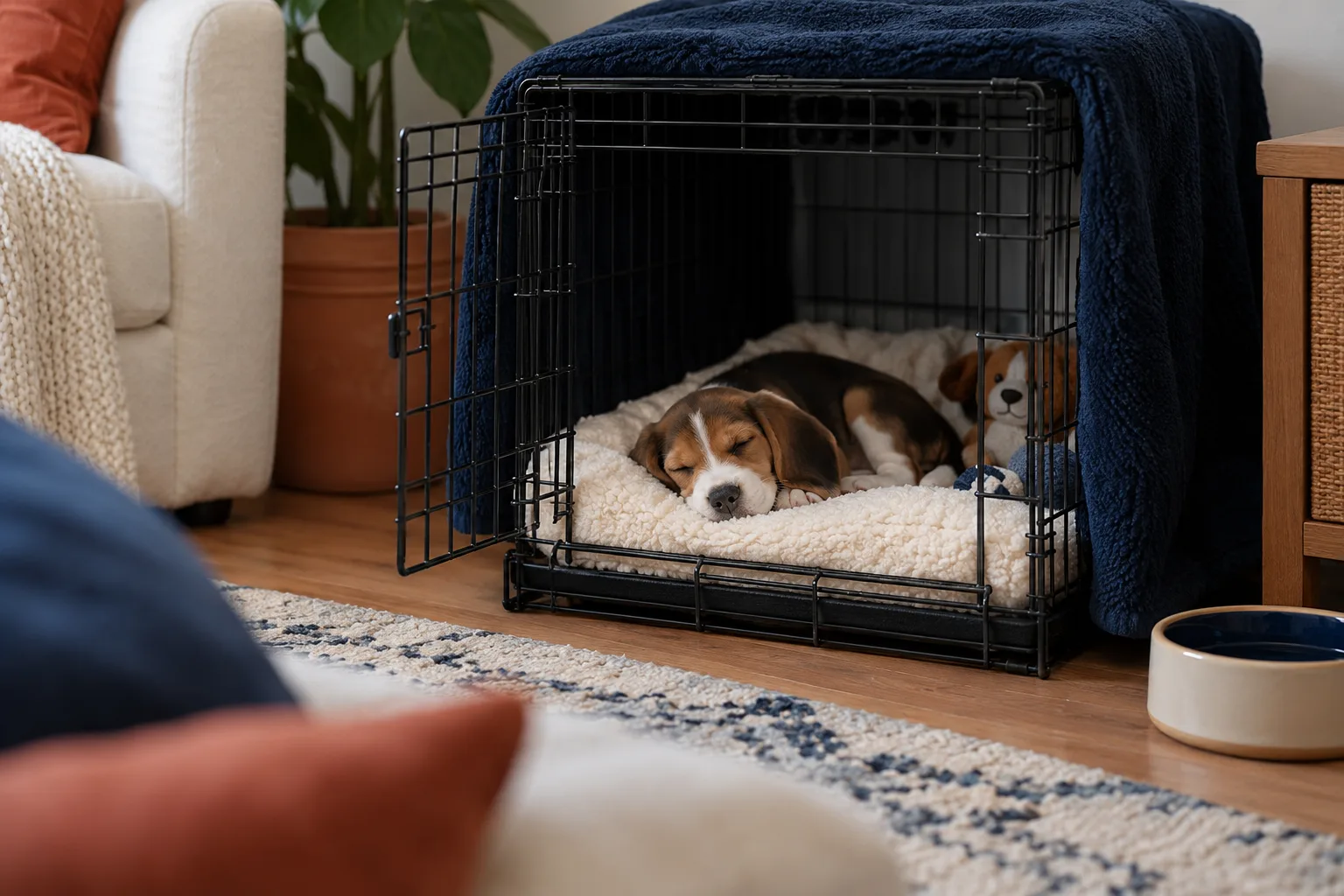 A tricolor beagle puppy naps on a cream fleece bed inside an open wire crate draped with a navy blanket in a quiet living room corner