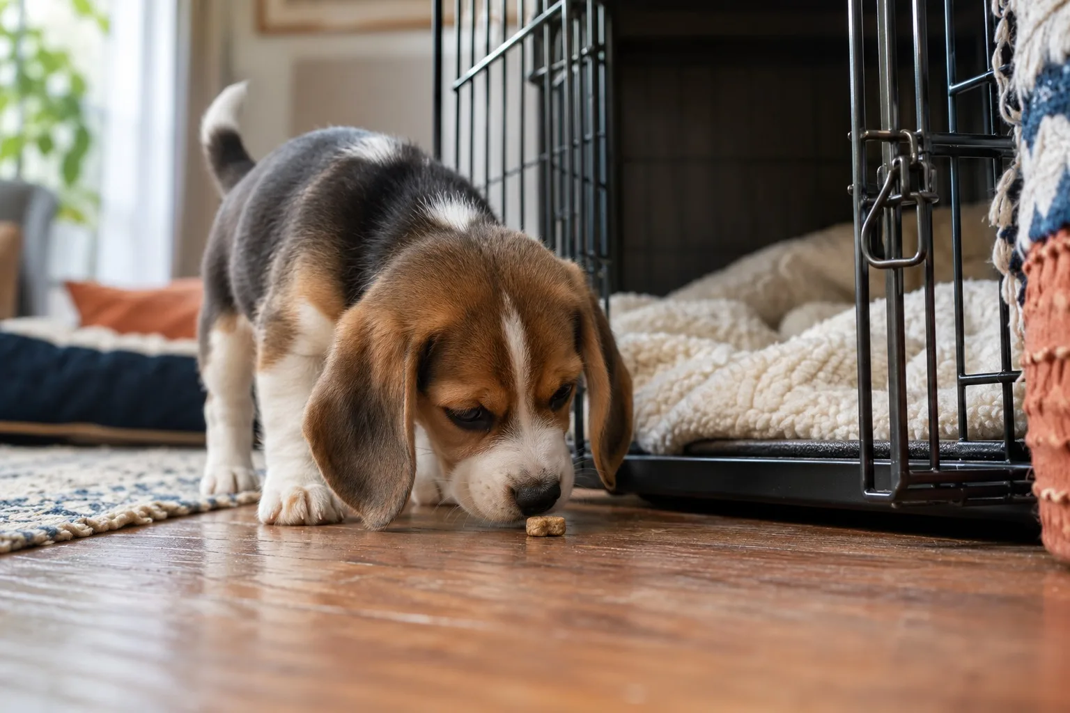 A tricolor beagle puppy sniffs a small treat on the floor just outside a wire crate whose door is clipped open