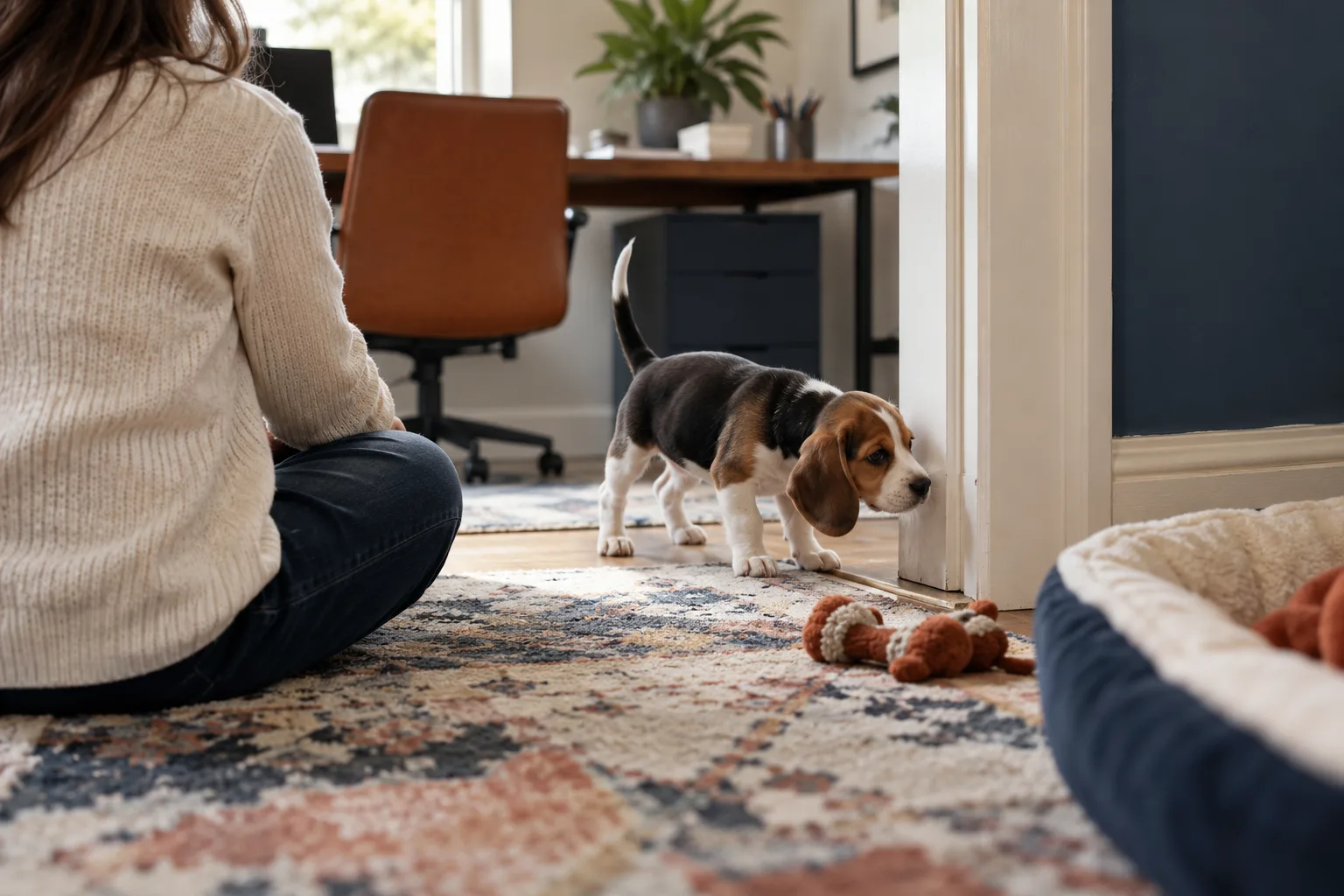 A tricolor beagle puppy sniffs the doorframe of a tidy home office while a person sits on the rug nearby, seen from behind, with a toy on the floor