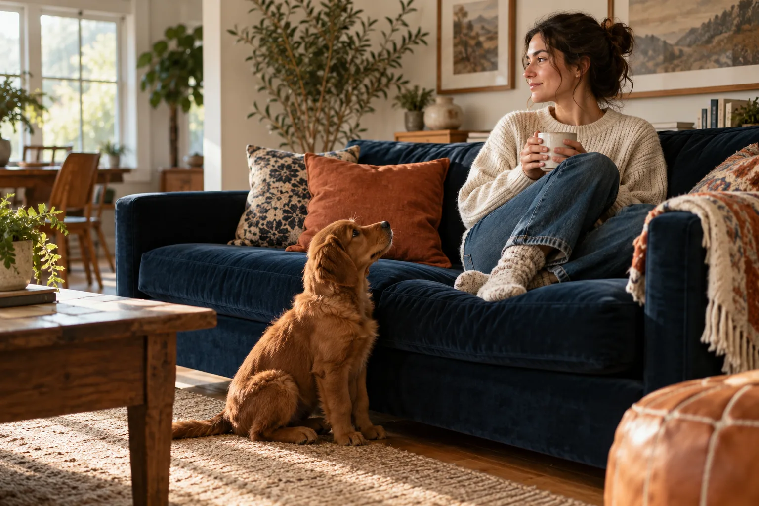 A woman on a navy sofa holding a mug and looking away while a red-brown puppy sits quietly on the rug looking up at her