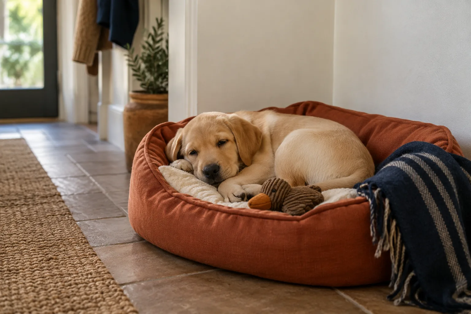 A yellow labrador puppy curled up asleep in a terracotta dog bed in a sunny hallway corner