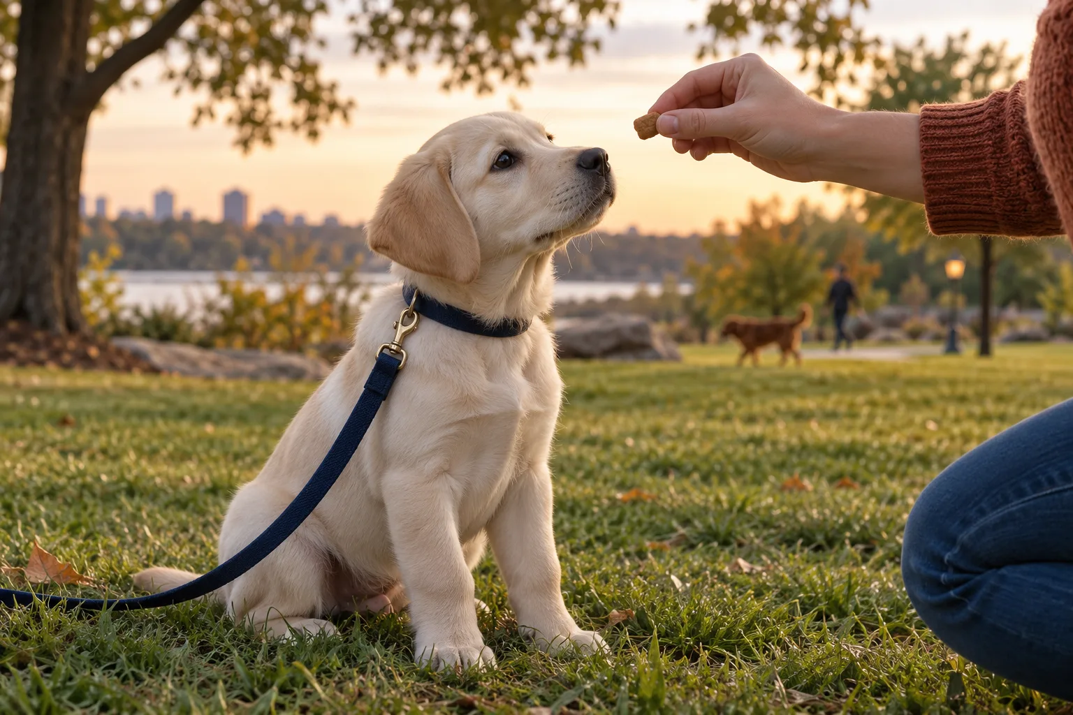 A yellow labrador puppy on a navy lead sitting on grass in a park, looking at a treat in a person's hand while another dog walks far behind