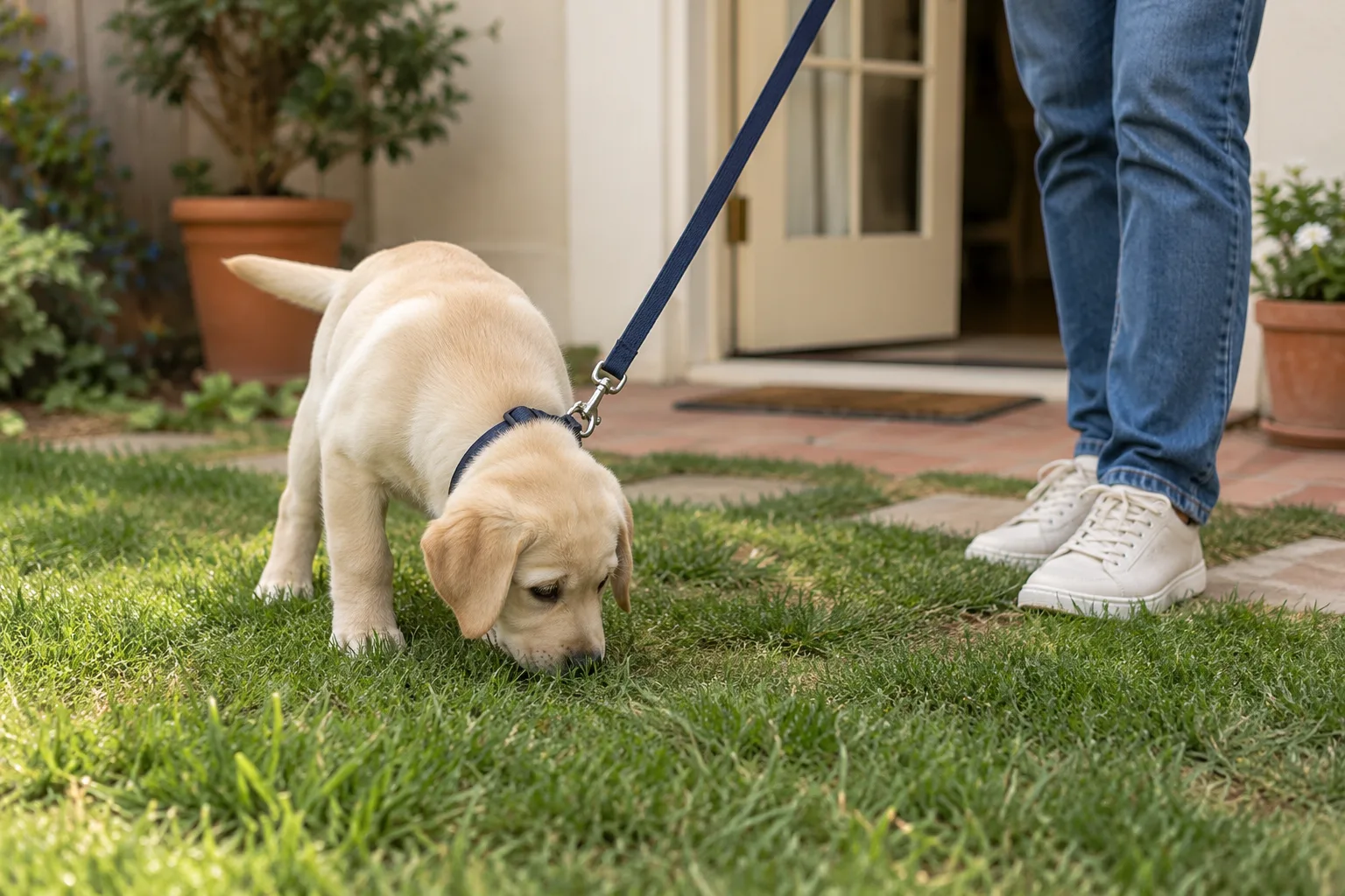 A yellow Labrador puppy on a navy leash sniffs the grass in a small backyard while a person in jeans and white sneakers waits