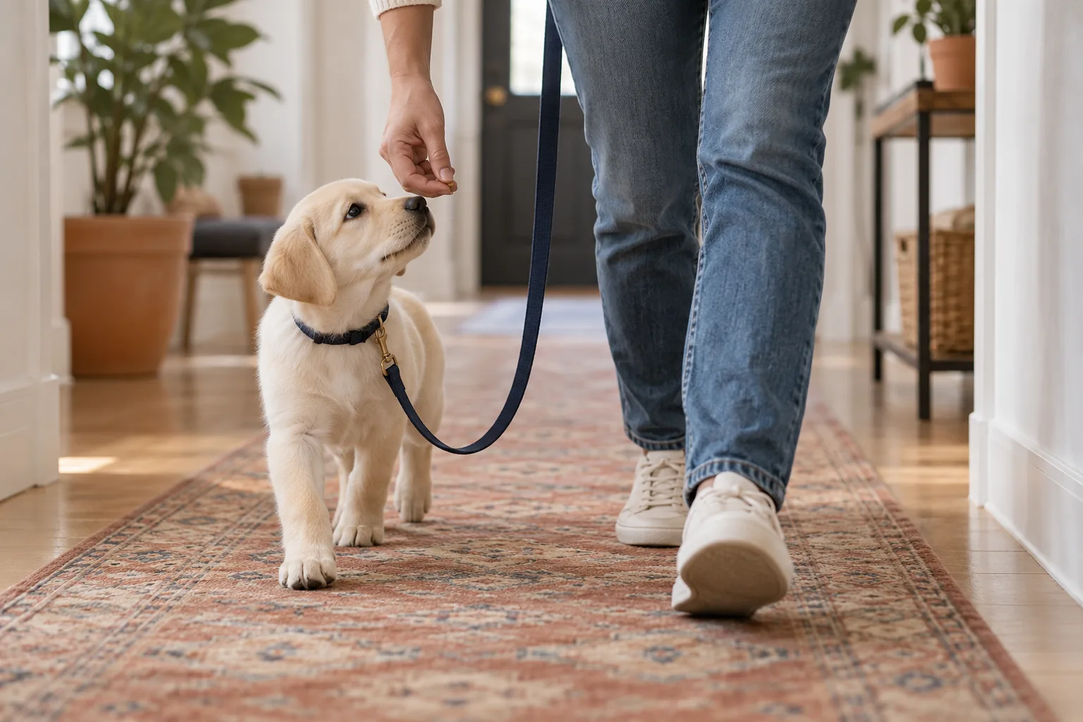 A yellow labrador puppy walking on a slack navy leash down a rug-covered hallway beside a person in jeans who holds a treat at its nose