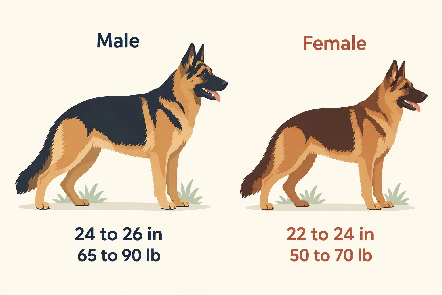 Adult German Shepherd size: male 24 to 26 in and 65 to 90 lb, female 22 to 24 in and 50 to 70 lb