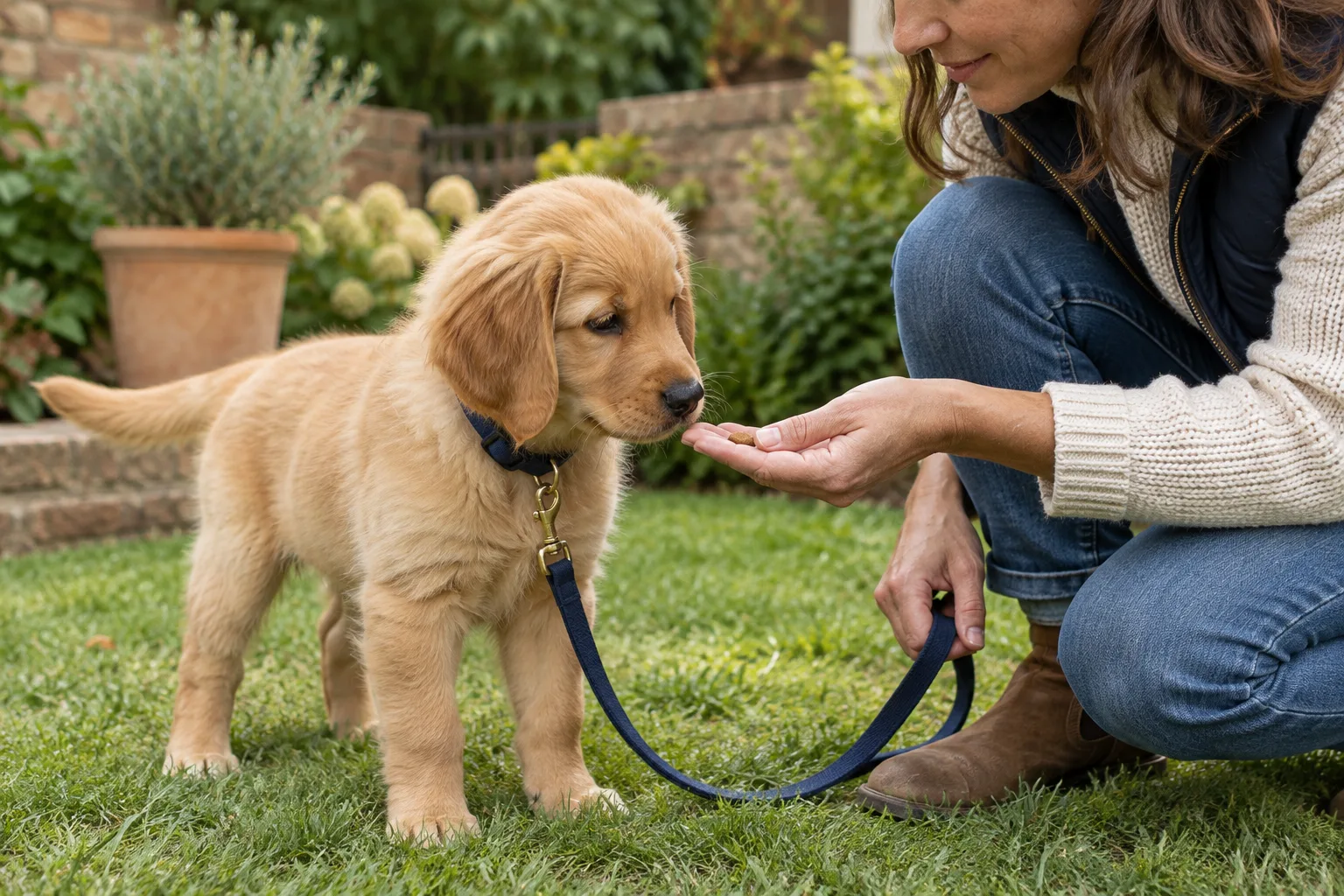 An adult crouches on grass offering a treat to a golden puppy wearing a loose navy leash