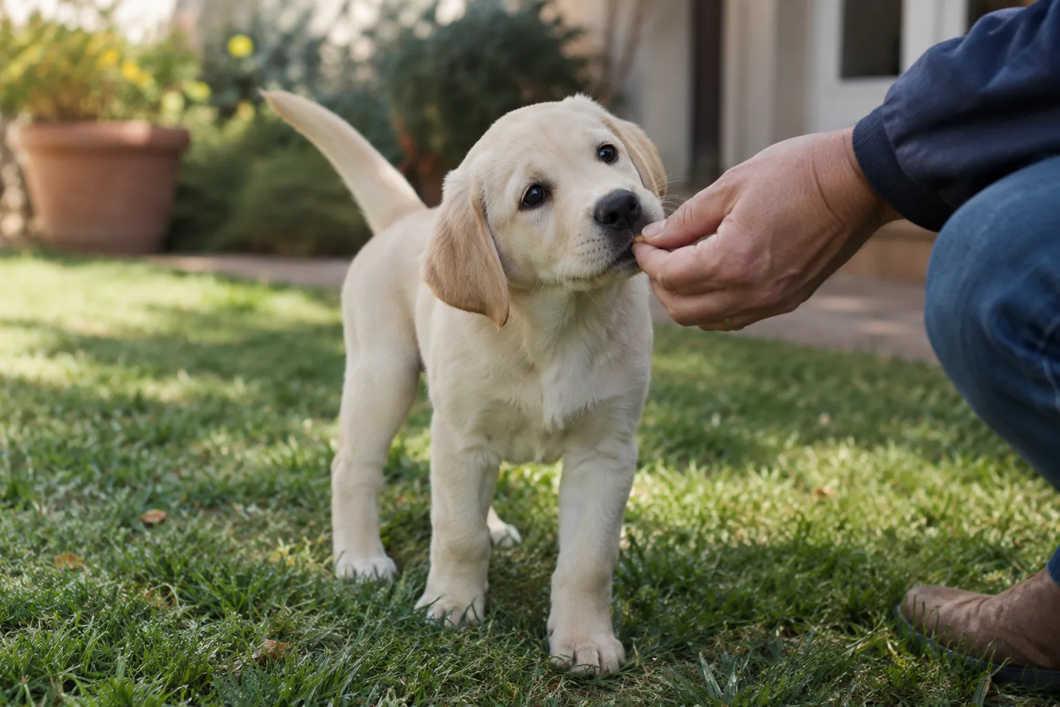 An adult hand gives a small treat to a cream labrador puppy standing on the lawn in a backyard