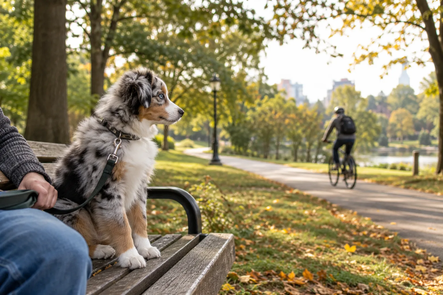 An Australian shepherd puppy sitting on a park bench on a loose lead beside a person, watching a cyclist on the path