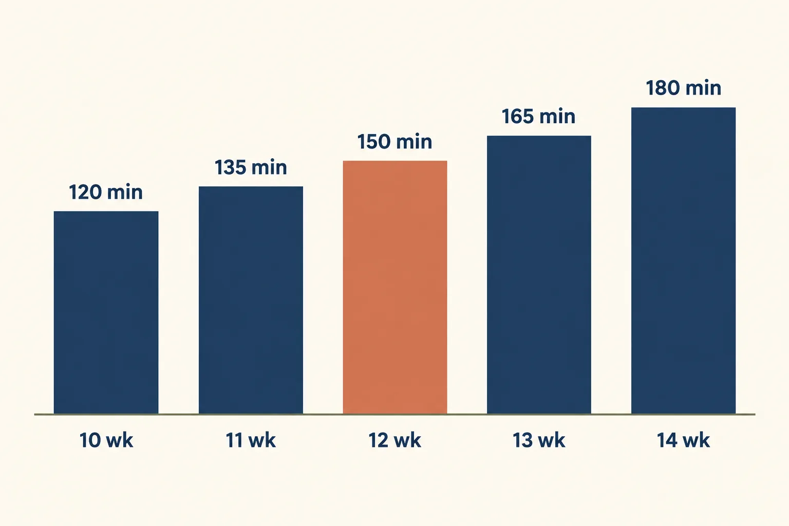 Bar chart of the awake potty reminder by age: 10 weeks 120 minutes, 11 weeks 135, 12 weeks 150 highlighted in terracotta, 13 weeks 165, 14 weeks 180