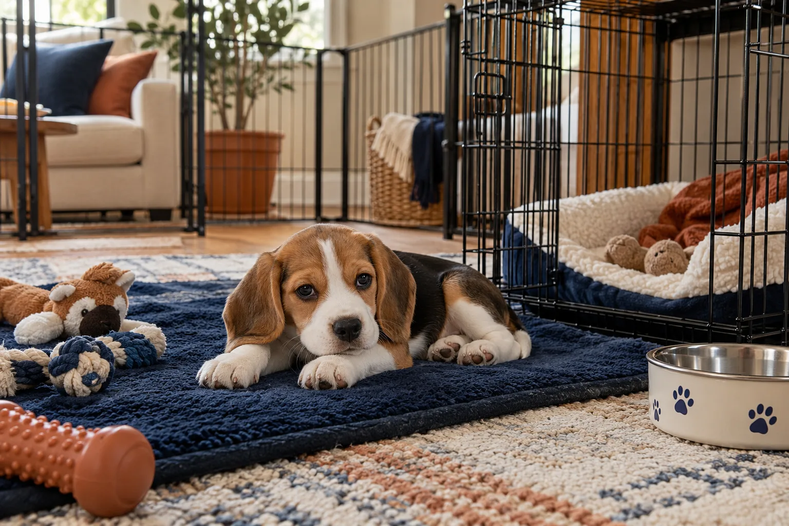 Beagle puppy resting on a navy mat beside an open crate, toys and a water bowl