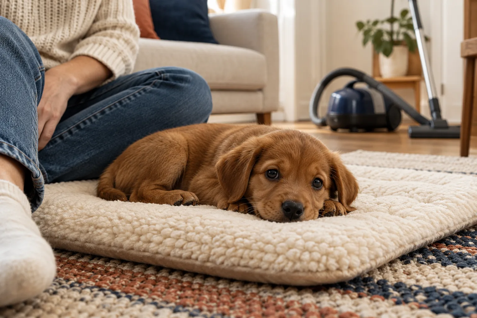 Brown puppy resting on a cream mat beside an adult with a vacuum in the background