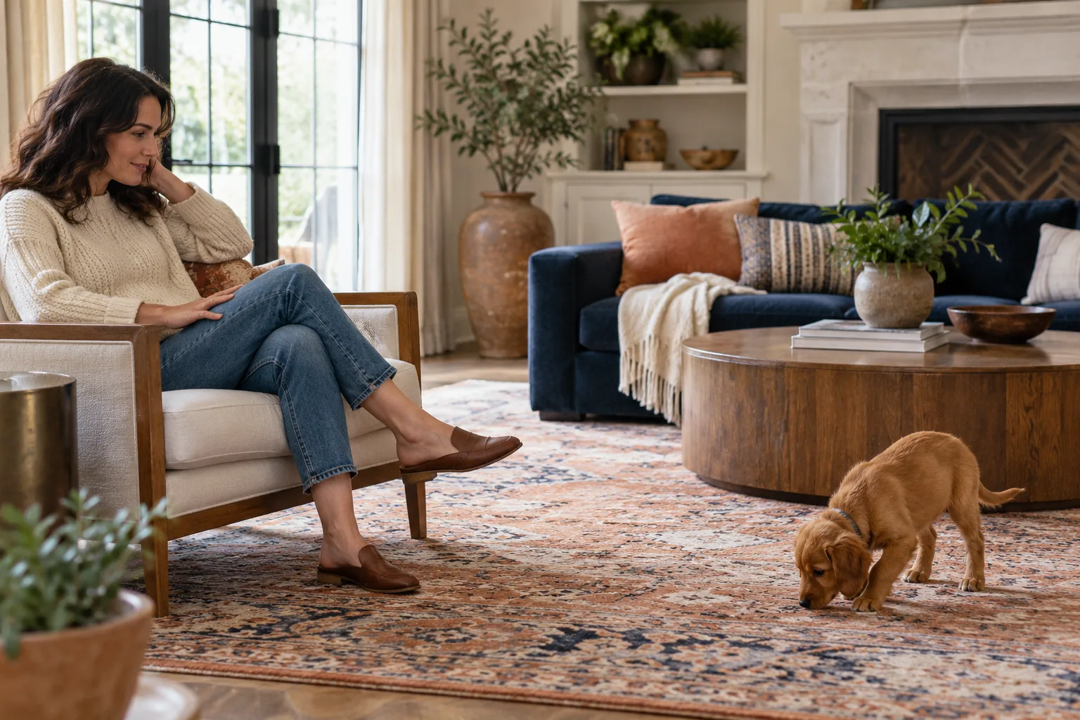 Brown puppy sniffing a rug several feet from a woman seated in a chair