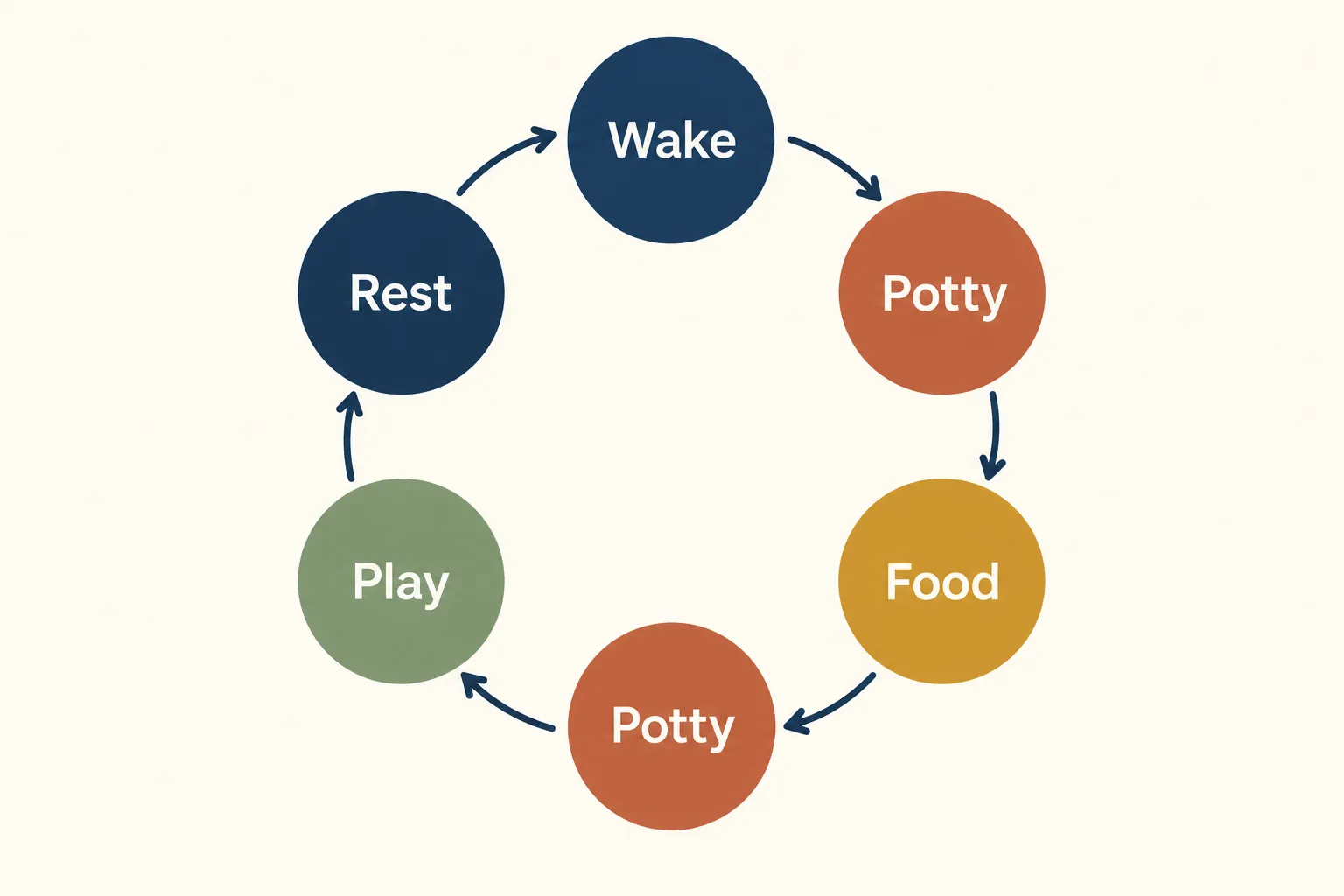 Circular cycle diagram with six nodes and arrows: Wake, Potty, Food, Potty, Play, Rest