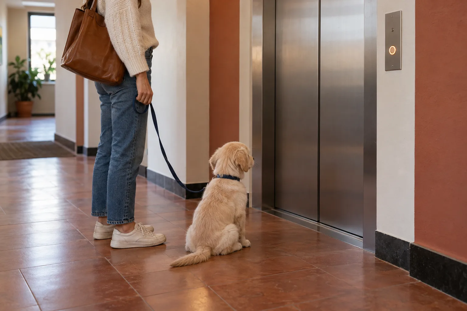 Cream puppy on a loose navy leash beside an adult waiting at closed elevator doors