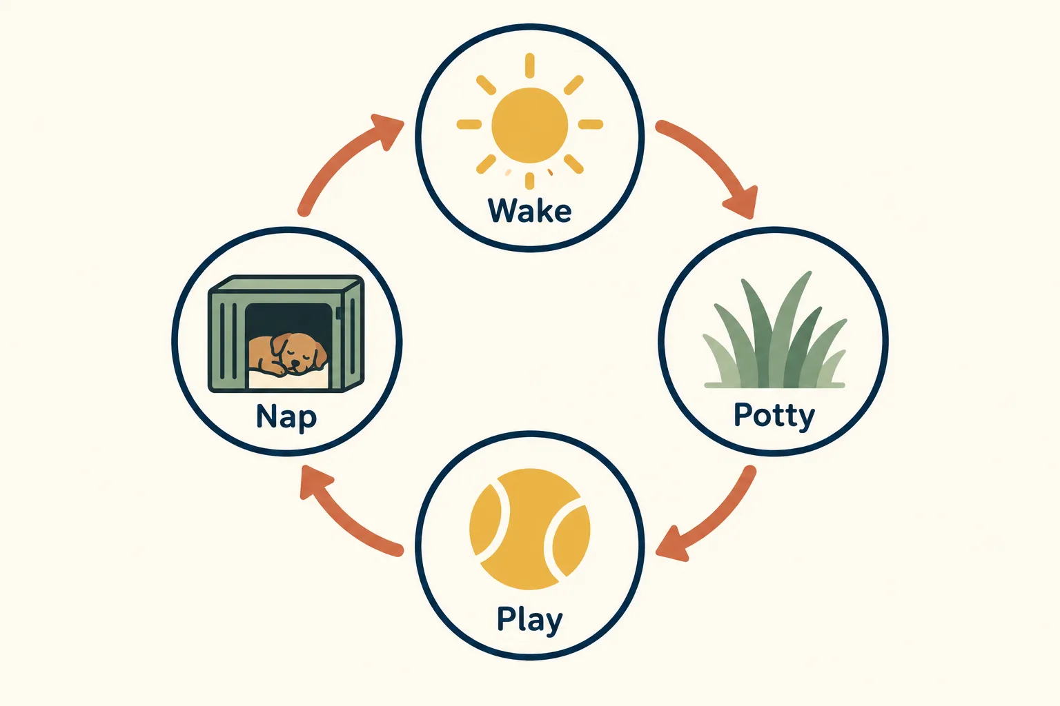 Cycle diagram of a puppy day: wake, potty, play, nap and back to wake