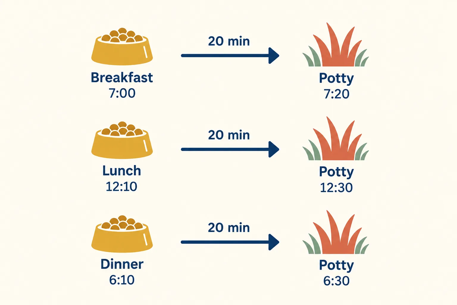Diagram of three meals each followed by potty 20 minutes later: breakfast 7:00 to potty 7:20, lunch 12:10 to potty 12:30, dinner 6:10 to potty 6:30
