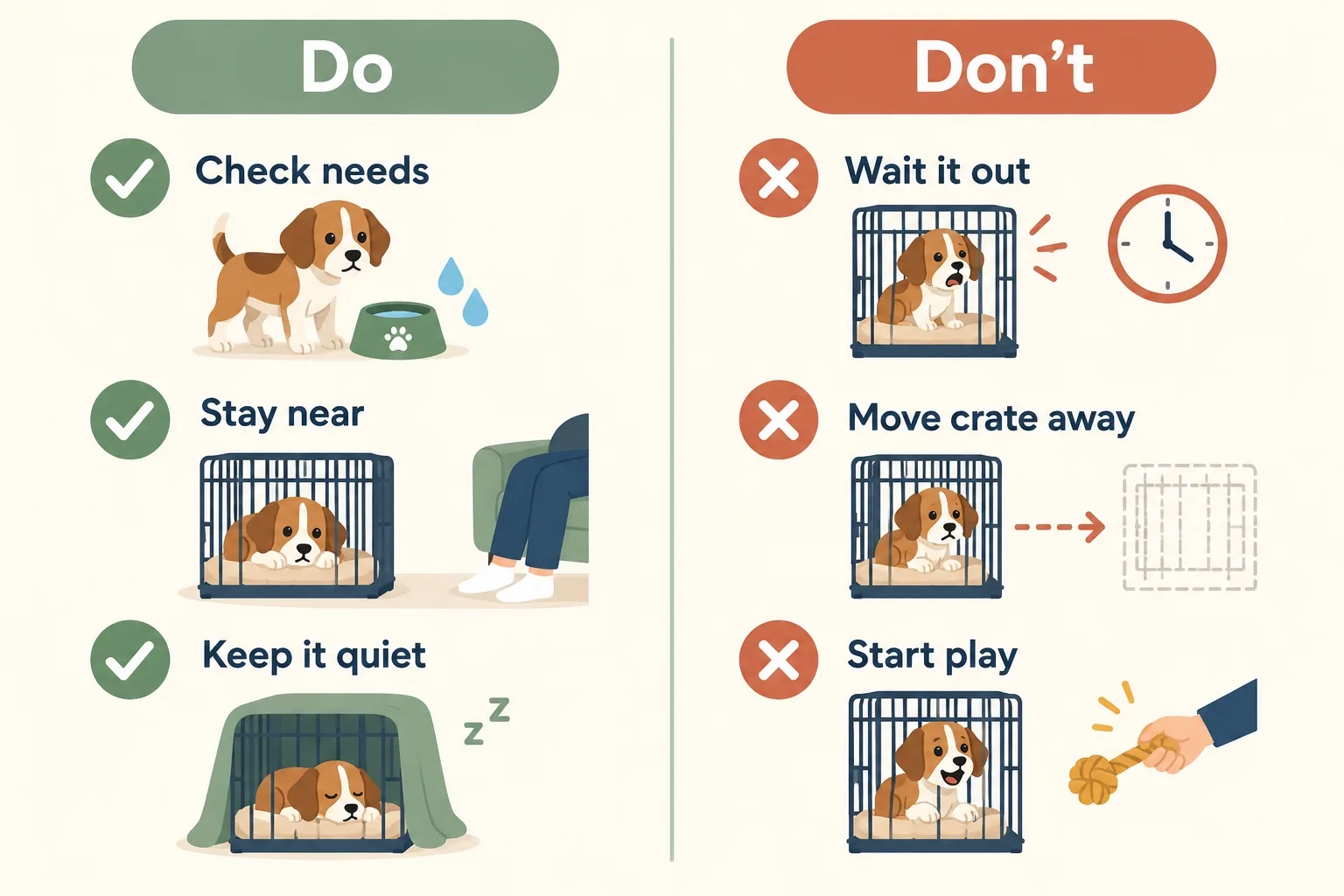 Do and don't chart: do check needs, stay near, keep it quiet; don't wait it out, move the crate away or start play