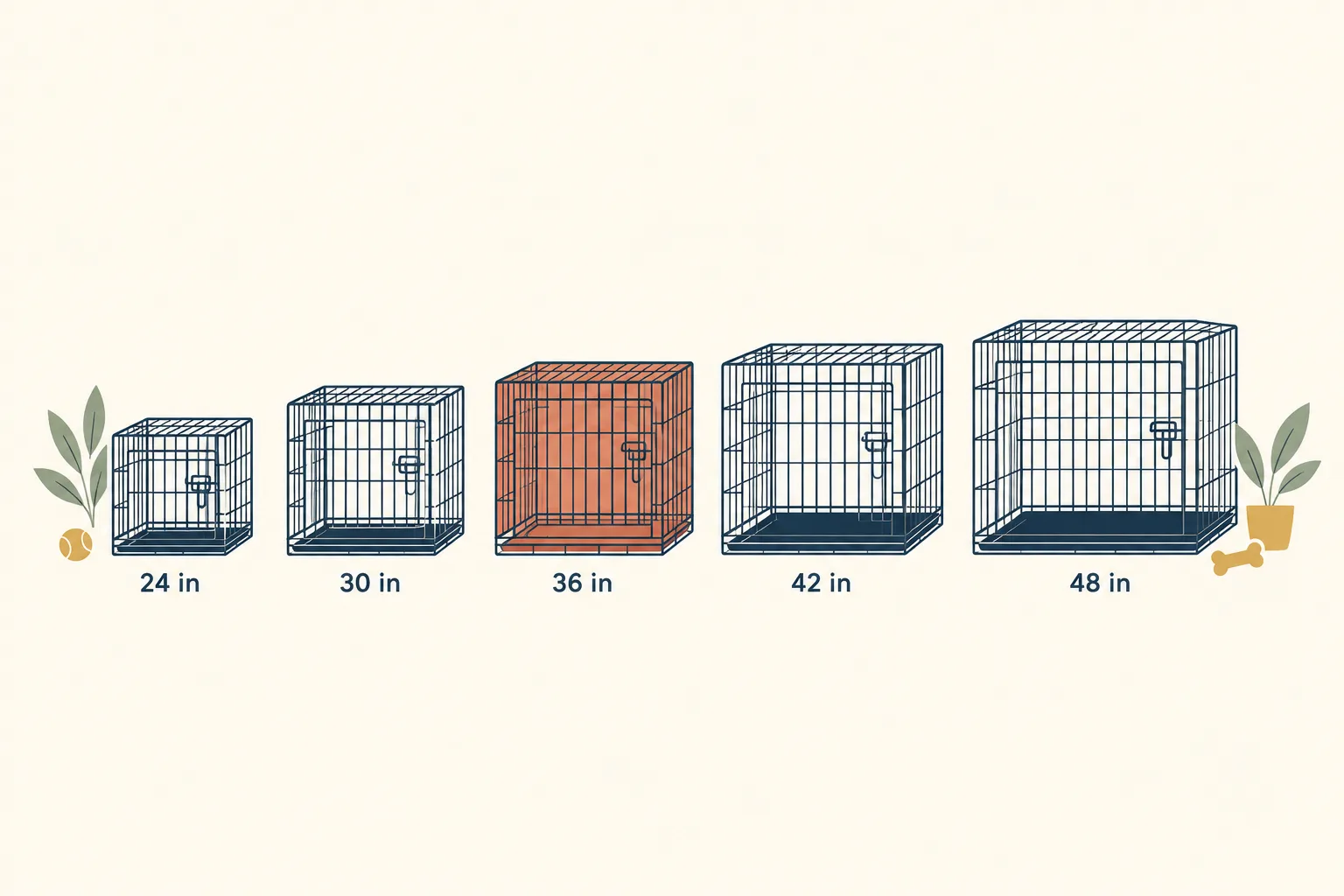 Five wire crates in a row labeled 24 in, 30 in, 36 in, 42 in and 48 in, with the 36 inch crate highlighted