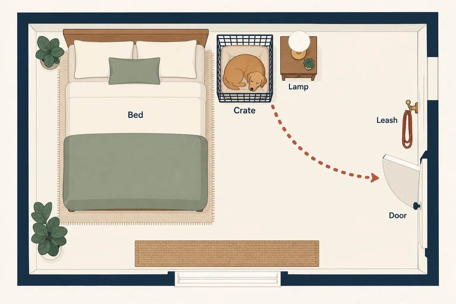 Floor plan of a bedroom with the crate right beside the bed, a lamp, a leash hook and a dotted path to the door