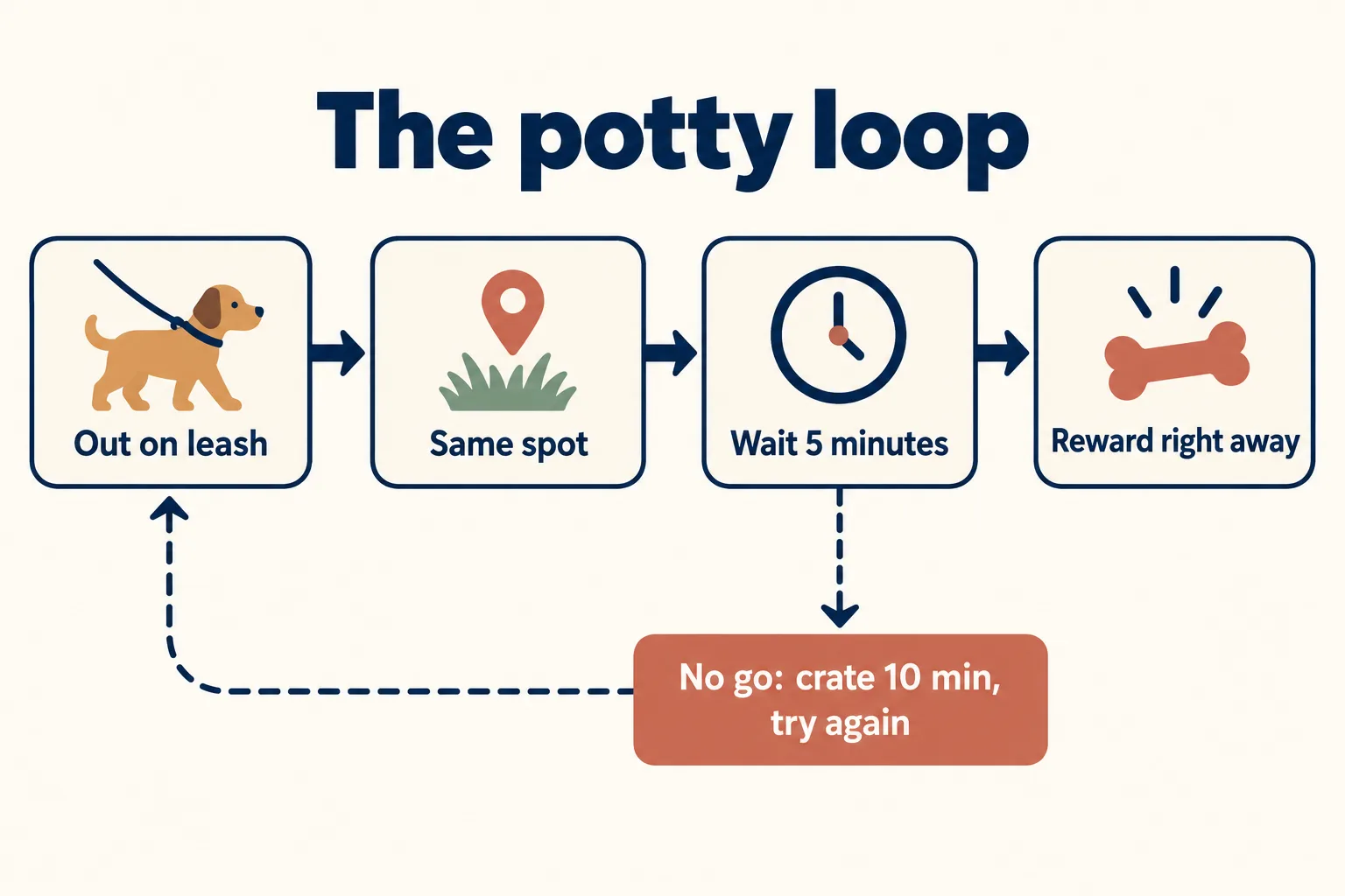 Flow diagram of the potty loop: out on leash, same spot, wait 5 minutes, reward right away; if no go, crate 10 minutes and try again