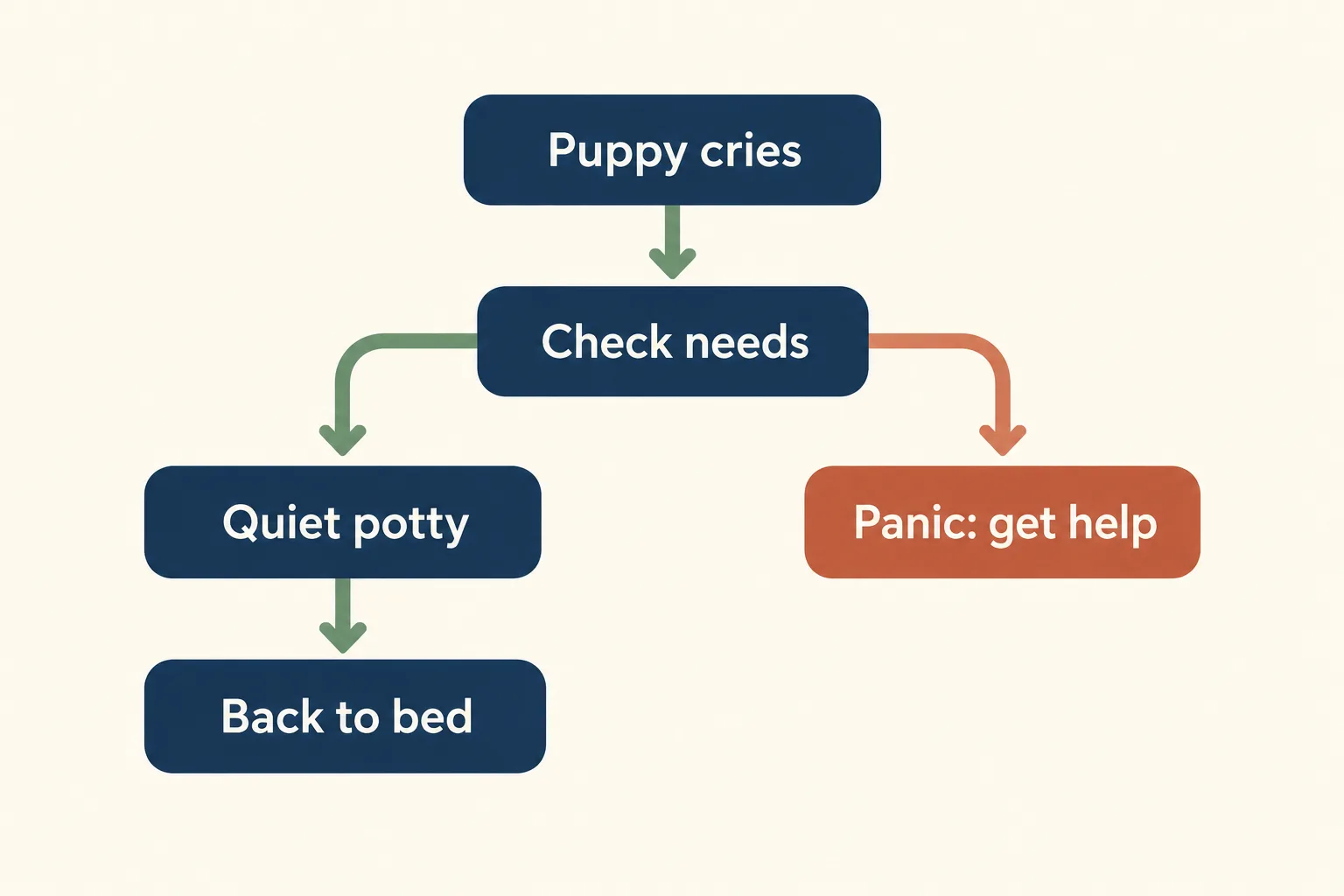 Flowchart: puppy cries, check needs, then quiet potty and back to bed, or if panic, get help