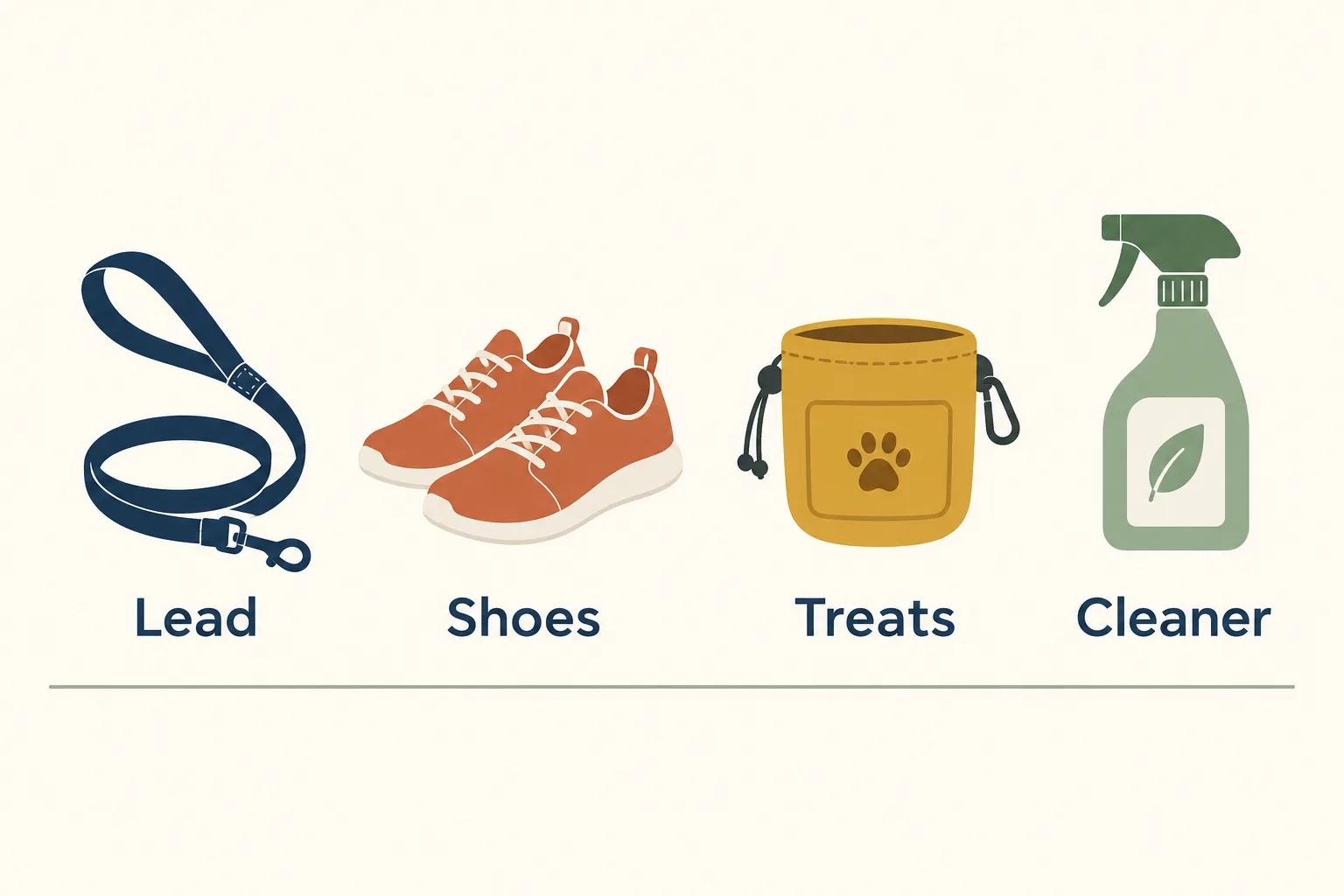 Four flat icons in a row labeled Lead, Shoes, Treats and Cleaner