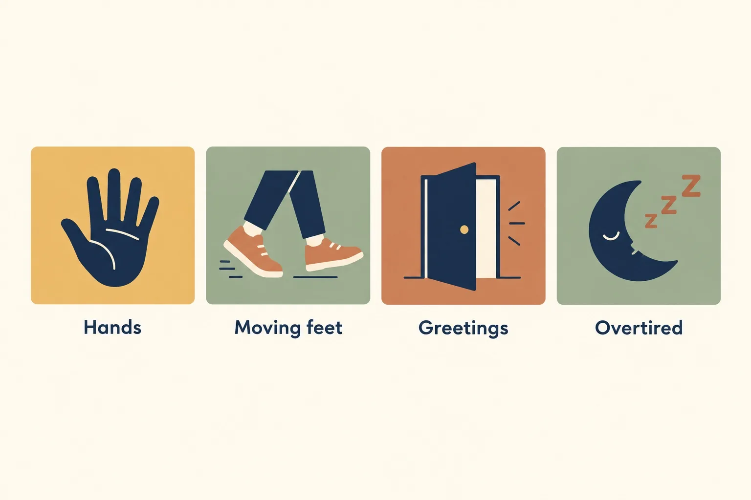 Four icons labeled Hands, Moving feet, Greetings and Overtired showing common puppy biting setups