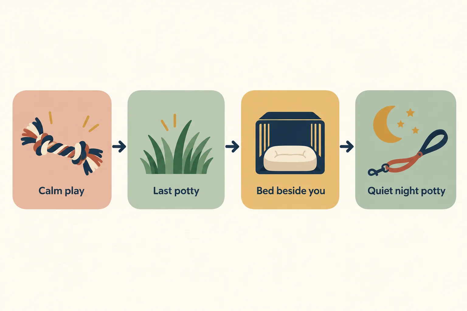 Four step bedtime routine: calm play, last potty, bed beside you, quiet night potty