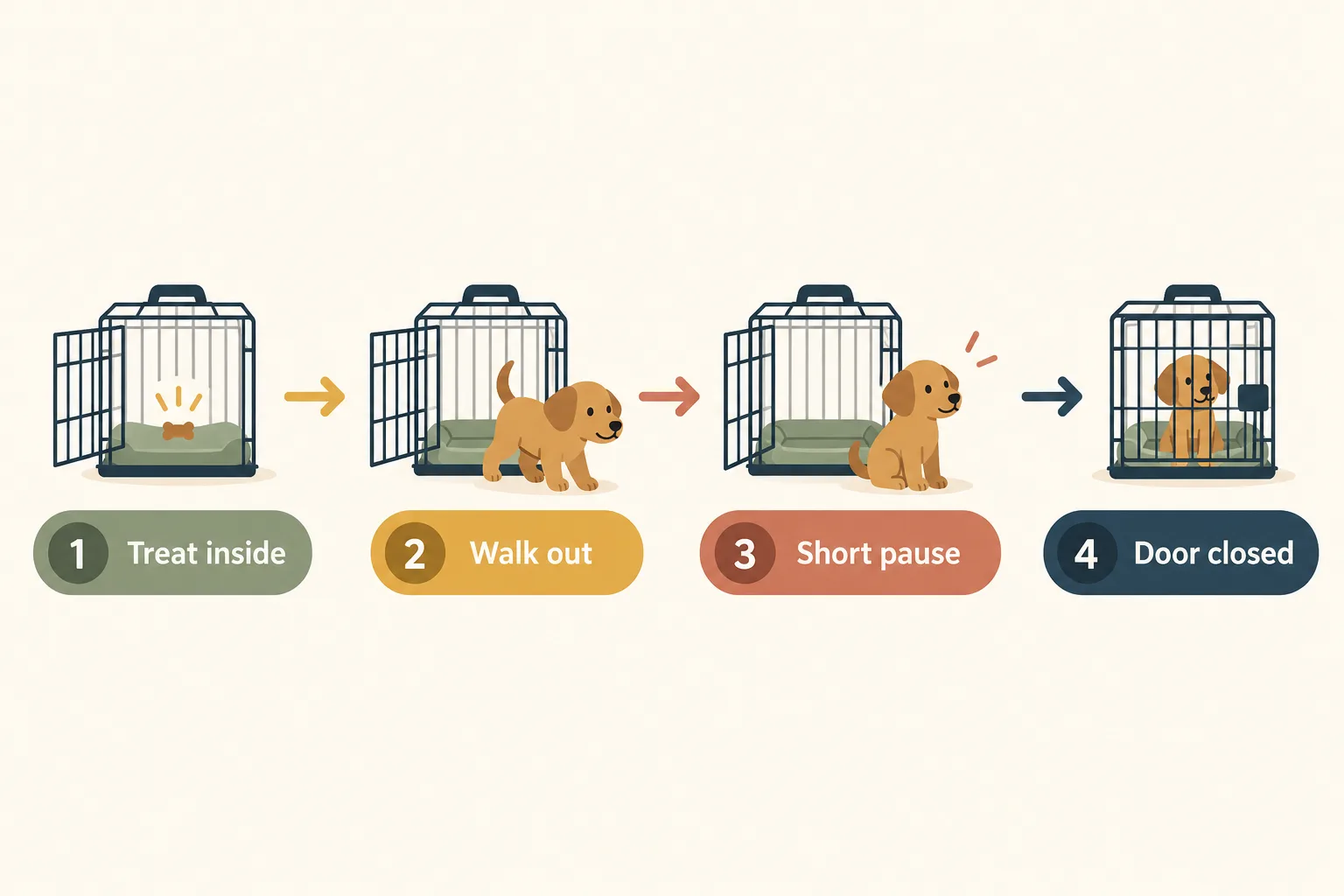 Four-step crate practice diagram: 1 Treat inside, 2 Walk out, 3 Short pause, 4 Door closed, with a puppy and crate for each step