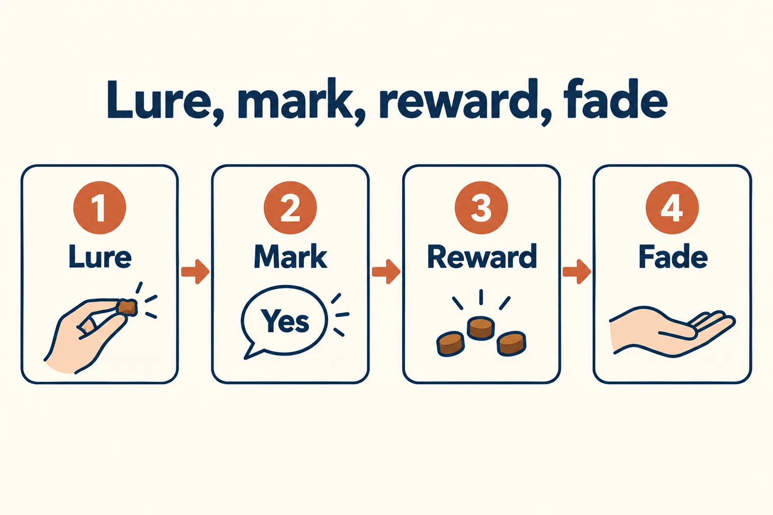 Four step diagram: 1 Lure, 2 Mark with Yes, 3 Reward, 4 Fade the lure to an empty hand