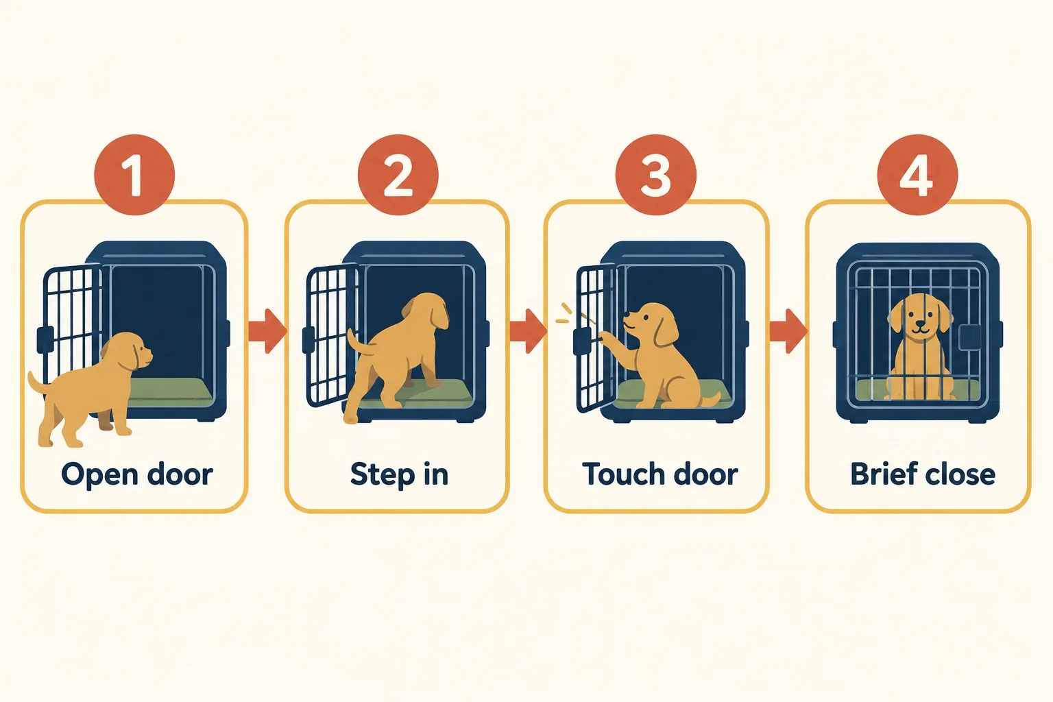 Four step diagram of crate training: 1 Open door, 2 Step in, 3 Touch door, 4 Brief close, with a puppy silhouette and crate in each card