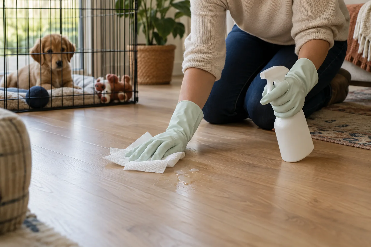 Gloved hands wipe a small puddle on a wooden floor with paper towels while a puppy watches from a crate