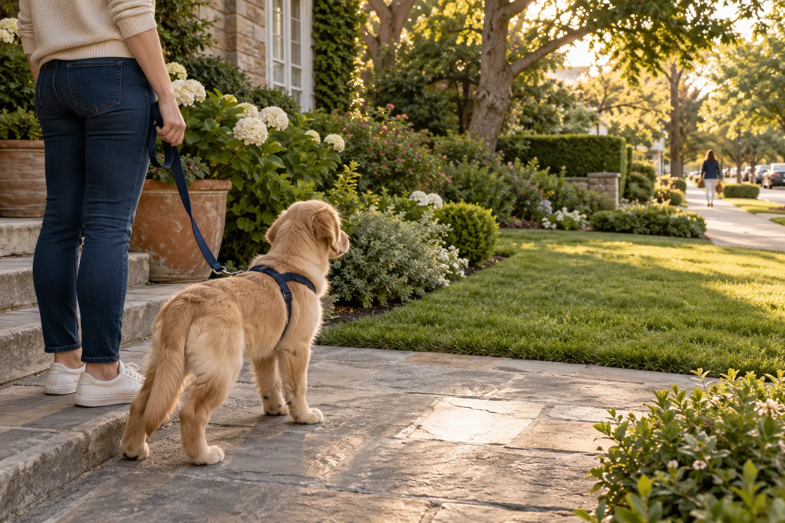 Golden puppy in a navy harness beside an adult watching a distant pedestrian